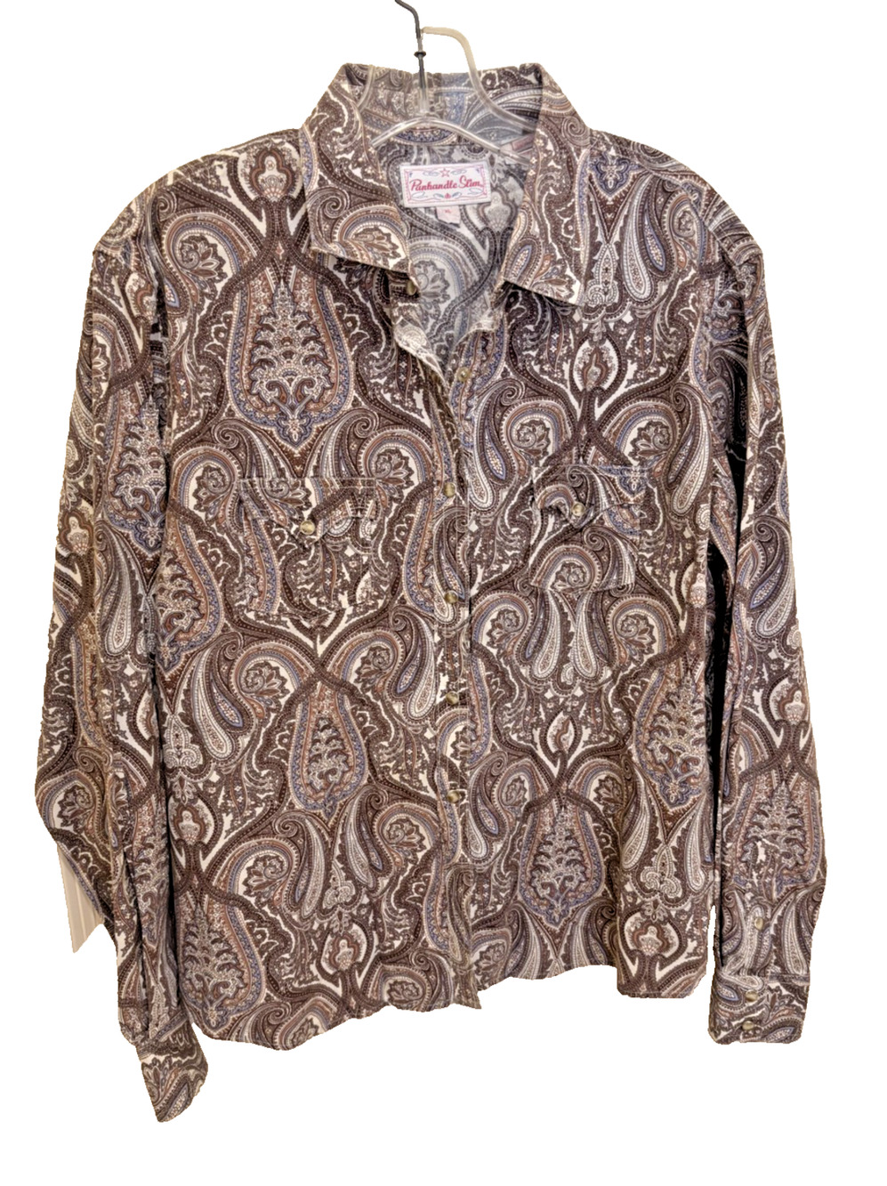 Panhandle Slim Shirt Womens XL Brown Paisley Western Round Pearl Snap